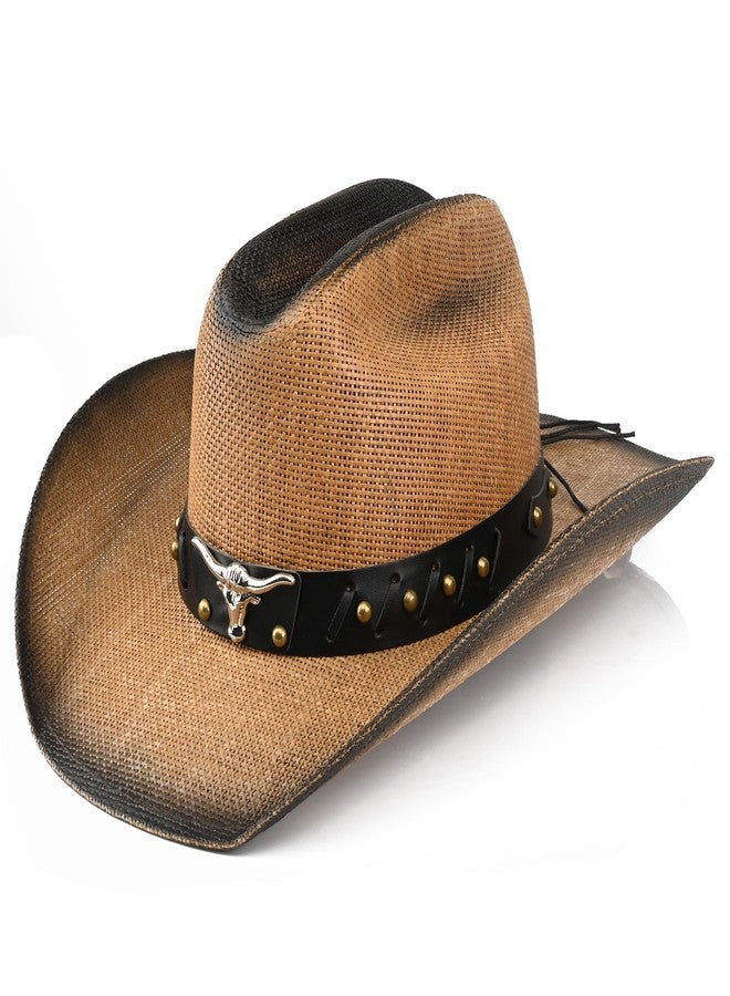 Foeran Retro Cowgirl Hats Western Straw hat,Mens Womens Cowboy Hat with Metal Texture,Bull Head Badge Hats (US, Alpha, Medium, Large, Brown) - Image 1